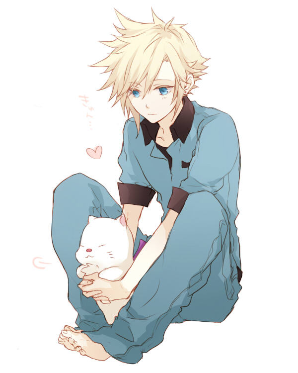 1boy :3 alternate_costume animal animal_on_lap barefoot bisukorokoro blonde_hair blue_eyes blue_pants blue_shirt closed_eyes cloud_strife crisis_core_final_fantasy_vii earrings expressionless final_fantasy final_fantasy_vii full_body heart high_collar holding holding_animal jewelry knees_up looking_down male_focus moogle on_lap pants shirt short_hair short_sleeves simple_background sitting spiky_hair spoken_heart stud_earrings third-party_source translation_request uniform white_background