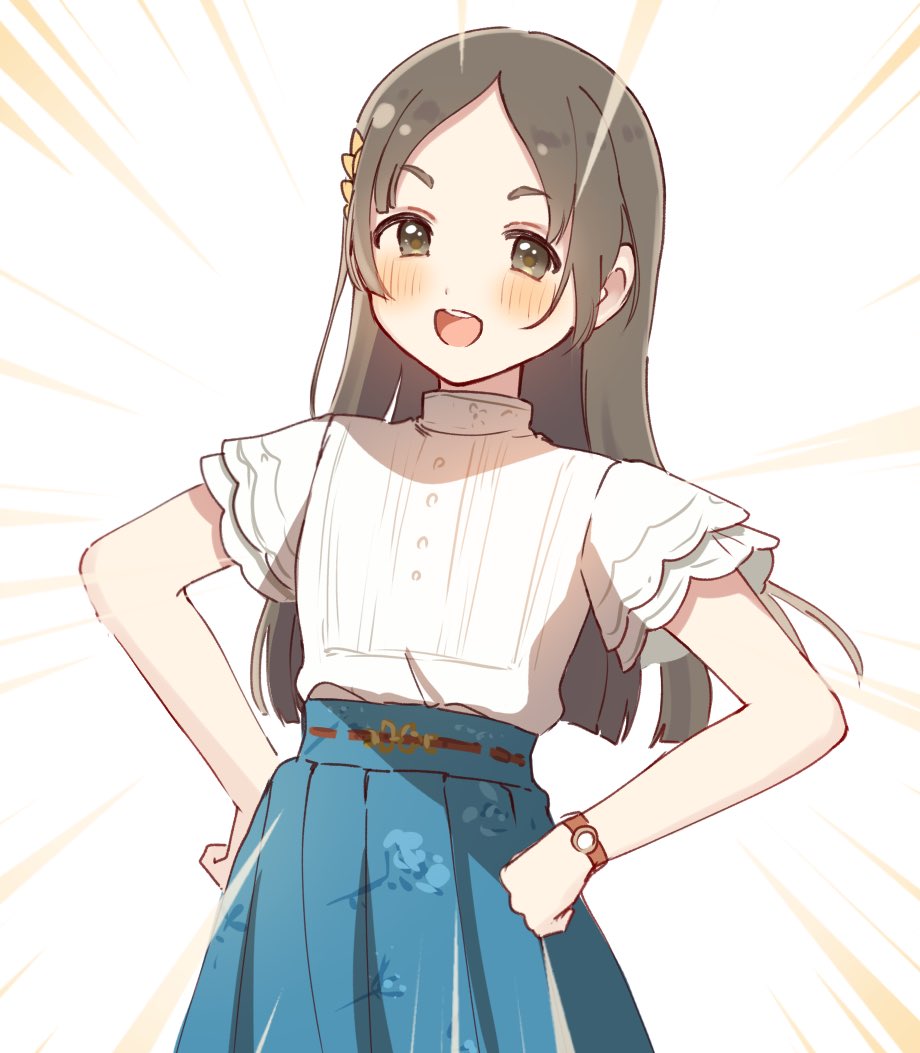 1girl blue_skirt blush brown_eyes buttons commentary_request emphasis_lines flat_chest floral_print forehead gakuen_idolmaster hair_ornament hands_on_own_hips idolmaster kuramoto_china leaf_hair_ornament light_brown_hair long_hair looking_at_viewer mmmakaron888 open_mouth parted_bangs print_skirt shirt short_sleeves skirt smile smug solo teeth upper_teeth_only v-shaped_eyebrows watch watch white_background white_shirt