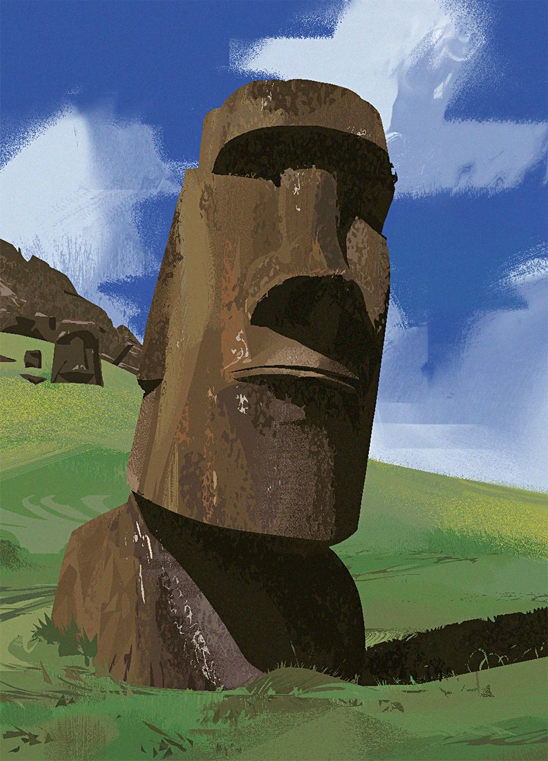 blue_sky clouds day easter_island field film_grain grass hill moai no_humans object_focus original outdoors painterly scenery seamousmcfly shadow sky statue still_life