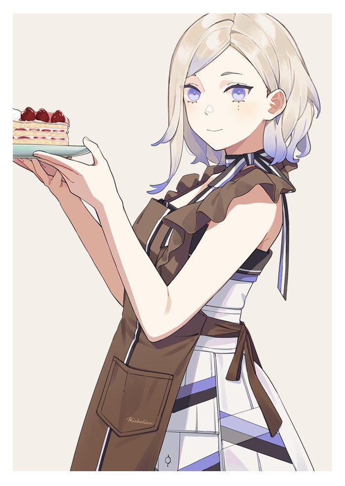 1girl apron blonde_hair brown_apron cake closed_mouth dress food gradient_hair holding holding_plate ichiroku_(sakumogu-029) jean_bart_(kancolle) kantai_collection looking_at_viewer mole mole_under_eye multicolored_hair multiple_moles plate purple_hair short_hair simple_background solo violet_eyes
