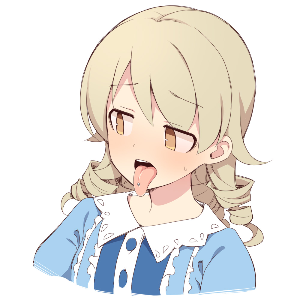 1girl blue_dress blush brown_eyes collared_dress cropped_torso dress idolmaster idolmaster_cinderella_girls light_brown_hair long_hair looking_to_the_side morikubo_nono open_mouth piercing puffy_sleeves ringlets simple_background solo sweat tongue tongue_out tongue_piercing uccow upper_body white_background