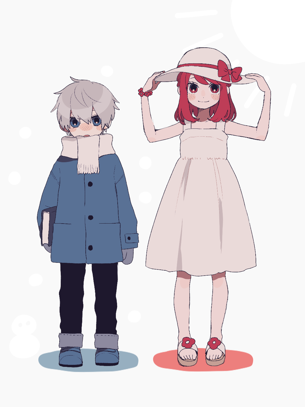 1boy 1girl blue_eyes blush book bow bracelet dress flower_bracelet full_body grey_hair hands_on_headwear hat hat_bow highres holding holding_book jacket jewelry long_hair looking_at_viewer maco22 mittens open_mouth original red_eyes redhead sandals scarf sleeveless sleeveless_dress smile sun_hat toes