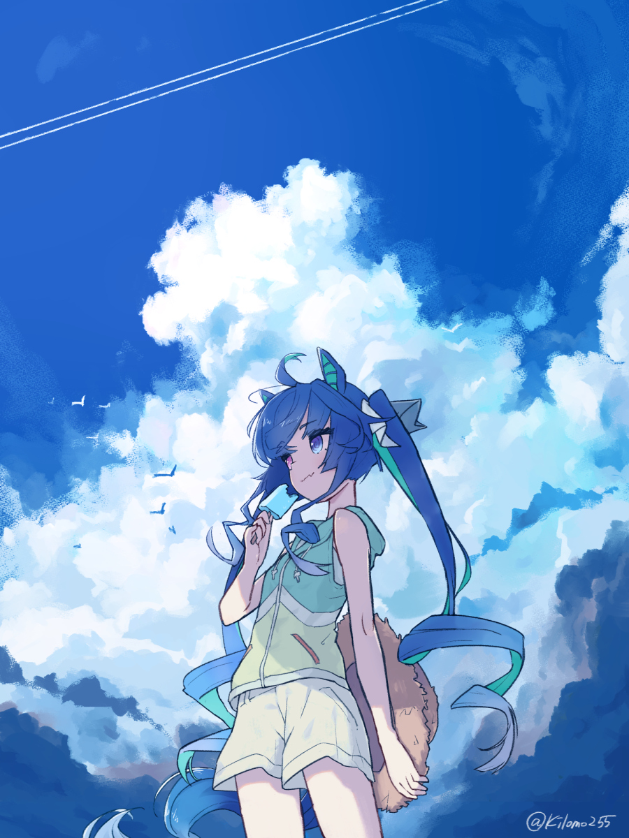 1girl ahoge animal_ears arm_at_side bird blue_background blue_eyes blue_hair blue_sky closed_mouth clouds cloudy_sky contrail cowboy_shot day fang food hat heterochromia highres holding holding_clothes holding_hat hood hooded_jacket horse_ears horse_girl horse_tail jacket kiromo long_hair outdoors popsicle shorts skin_fang sky sleeveless sleeveless_jacket solo standing straw_hat tail twin_turbo_(umamusume) twintails twitter_username two-tone_background umamusume unworn_hat unworn_headwear violet_eyes white_background white_shorts