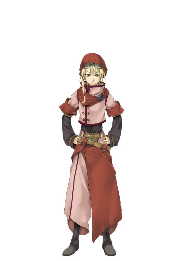 1boy atelier-moo belt blonde_hair braid closed_mouth full_body goggles goggles_on_head grey_swift hair_between_eyes hands_on_own_hips hat long_sleeves looking_at_viewer red_headwear simple_background solo standing white_background wizards_symphony yellow_eyes