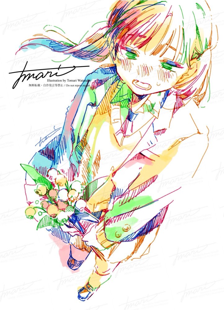 1girl blazer blue_hair blush bouquet collared_shirt colorful floating_hair flower foreshortening from_above green_eyes green_hair holding holding_bouquet jacket kneehighs long_hair long_sleeves looking_at_viewer low_ponytail lower_teeth_only multicolored_hair necktie nose_blush open_clothes open_jacket open_mouth original pink_flower rectangular_mouth redhead school_uniform shirt sidelocks signature simple_background socks solo sweatdrop sweater teeth v-neck watanabe_tomari watermark white_background white_flower white_socks wispy_bangs yellow_flower
