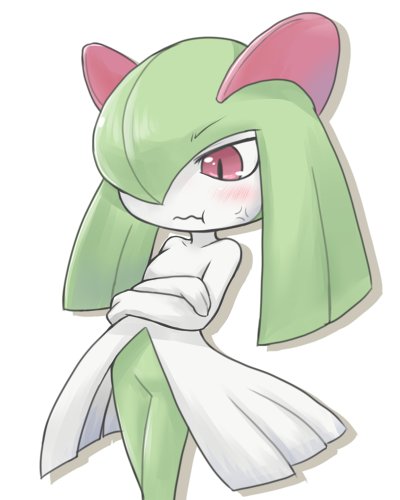 anger_vein colored_skin crossed_arms green_hair hair_over_one_eye kirlia lowres multicolored_skin pink_eyes pokemon pokemon_(creature) pout rmtwo sidelocks simple_background two-tone_skin white_background white_skin