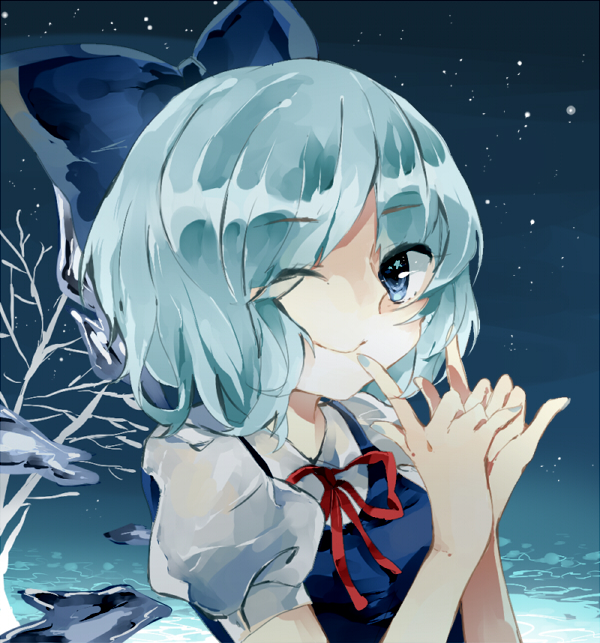 1girl bare_tree blue_background blue_bow blue_dress blue_eyes blue_hair blue_nails blue_theme bow cirno closed_mouth detached_wings dress hair_bow huang_bao_b ice ice_wings light_smile looking_at_viewer medium_hair nail_polish neck_ribbon one_eye_closed pinafore_dress puffy_short_sleeves puffy_sleeves red_ribbon ribbon shirt short_sleeves sleeveless sleeveless_dress solo touhou tree white_shirt wings winter
