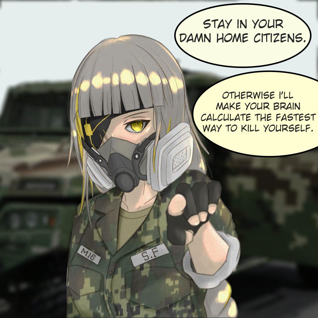 black_gloves blurry blurry_background braid camouflage camouflage_jacket eyepatch gas_mask girls_frontline gloves green_shirt jacket long_hair long_sleeves looking_at_viewer m16a1_(boss)_(girls'_frontline) m16a1_(girls'_frontline) mask mole mole_under_eye mouth_mask multicolored_hair pointing pointing_at_viewer scar shirt solo third-party_source threat white_hair yellow_eyes