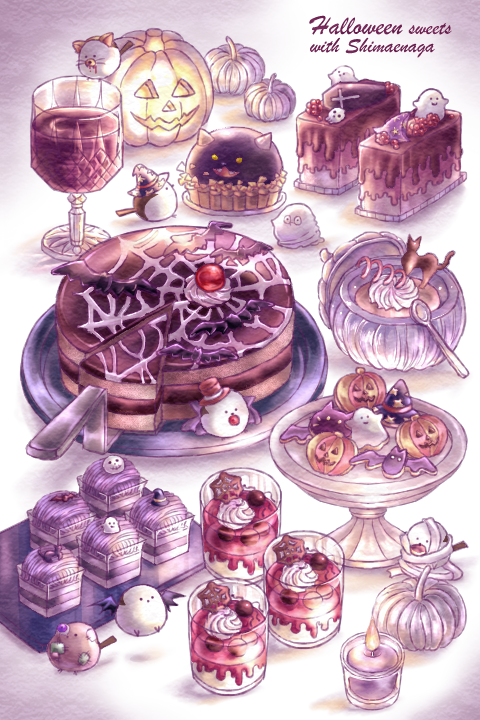 animal bird cake cake_slice candle cherry cup drink drinking_glass fire food food_focus fruit halloween hat icing jack-o'-lantern long-tailed_tit no_humans original pastry pumpkin spoon sweets tit_(bird) user_dxgt3288 whipped_cream wizard_hat