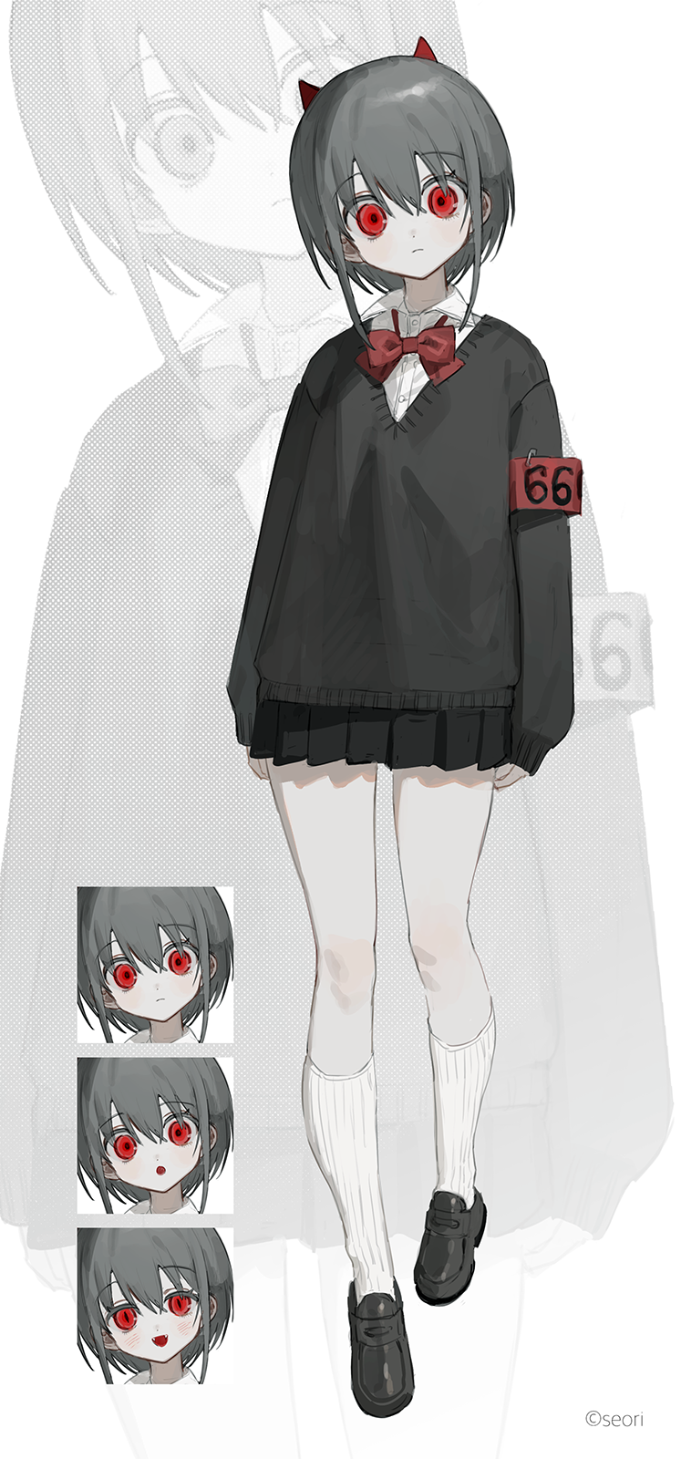 1girl :d :o armband bow bowtie cardigan collared_shirt copyright_name demon_girl demon_horns expressions fanged_bangs fangs frost_fog grey_hair highres horns loafers looking_at_viewer miniskirt original parted_bangs red_armband red_bow shirt shoes short_hair silhouette skirt smile socks thigh-highs white_background white_socks