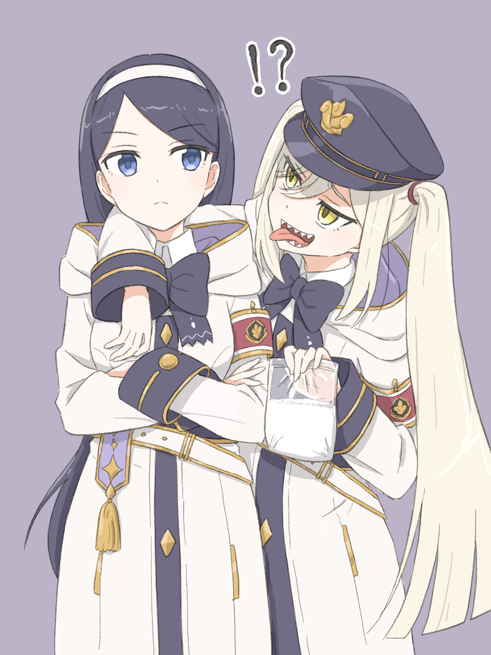 !? 2girls arm_around_shoulder armband bag black_bow black_hair blue_eyes bow collared_shirt cowboy_shot crossed_arms fujiyama_(yellow) grey_hair hairband hands_up hat highres holding holding_bag hood hood_down long_hair long_sleeves looking_at_another maria_(princess_connect!) multiple_girls parted_bangs peaked_cap plastic_bag princess_connect! purple_background red_armband robe sharp_teeth shirt sidelocks simple_background teeth tomie_(princess_connect!) tongue tongue_out twintails white_hairband white_shirt yellow_eyes