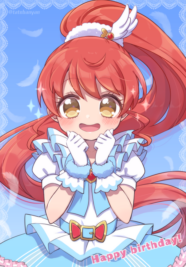 1girl :d blue_background clenched_hands commentary_request cowboy_shot dress feathers gloves hair_ornament hands_up happy_birthday heart idol_clothes long_hair looking_at_viewer open_mouth ponytail pretty_series pripara puffy_short_sleeves puffy_sleeves redhead shiratama_mikan short_sleeves smile solo sparkle standing tabana very_long_hair white_dress white_gloves yellow_eyes