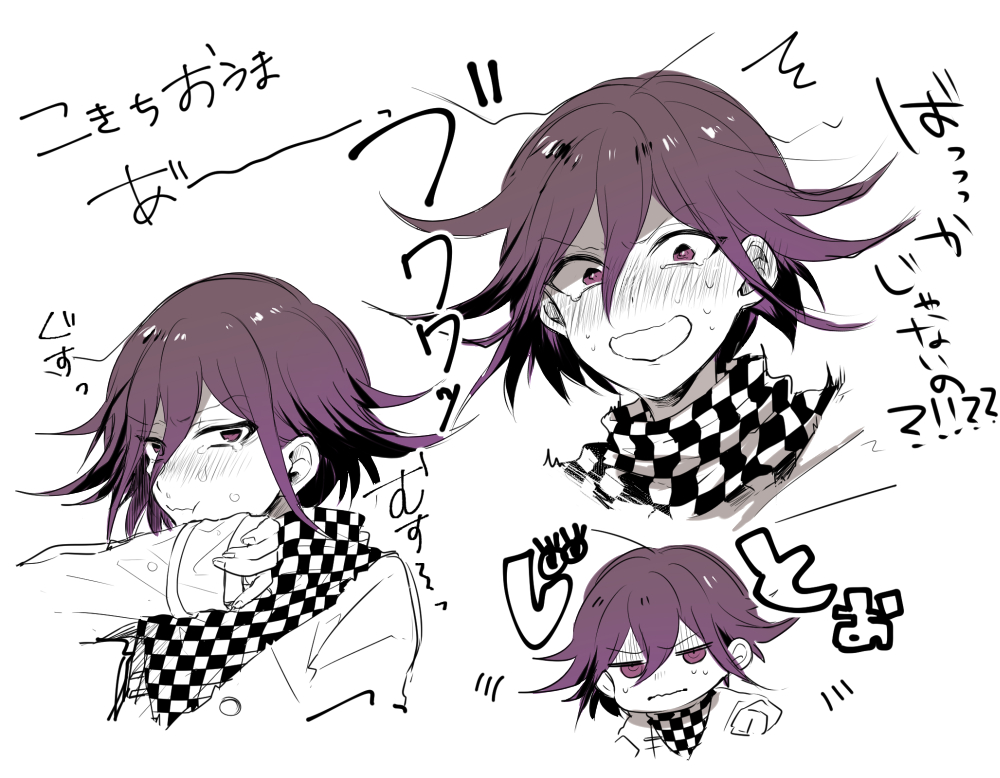 1boy 3103vv :t ^^^ arm_belt belt black_scarf blush buttons checkered_clothes checkered_scarf chibi clenched_hands commentary_request cropped_shoulders cropped_torso crying crying_with_eyes_open danganronpa_(series) danganronpa_v3:_killing_harmony fingernails hair_between_eyes jacket long_sleeves motion_lines multiple_views nervous_smile nervous_sweating oma_kokichi open_mouth partial_commentary purple_hair scarf short_hair simple_background sleeves_past_wrists smile streaming_tears sweat tearing_up tears two-tone_scarf v-shaped_eyebrows violet_eyes wavy_mouth white_background white_belt white_jacket white_scarf white_sleeves