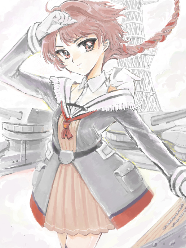 1girl animal animal_on_shoulder braid brown_hair collared_shirt dress floating_hair gloves goat kantai_collection long_sleeves looking_at_viewer multicolored_hair nevada_(kancolle) red_eyes redhead rigging shirt simple_background single_braid sleeveless sleeveless_shirt solo sowamame turret white_gloves