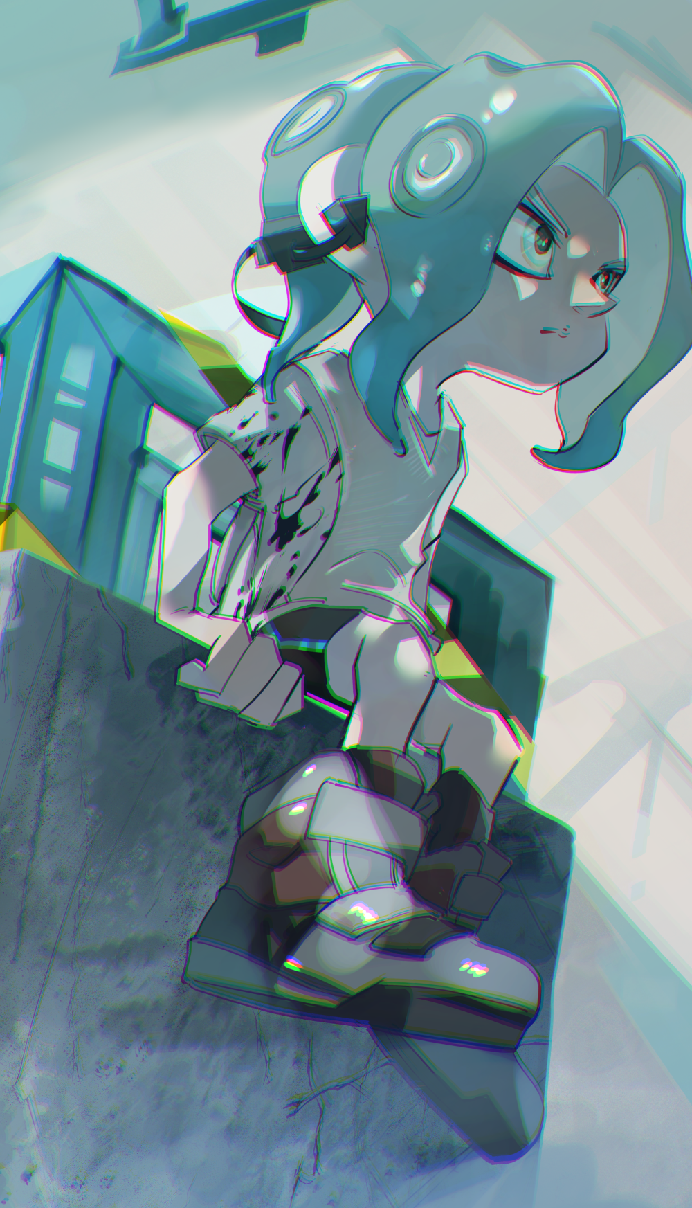 1boy black_shorts chromatic_aberration closed_mouth grey_hair highres koike3582 medium_hair multicolored_footwear octoling octoling_boy octoling_player_character shirt short_sleeves shorts single_vertical_stripe sitting solo splatoon_(series) suction_cups tentacle_hair white_eyes