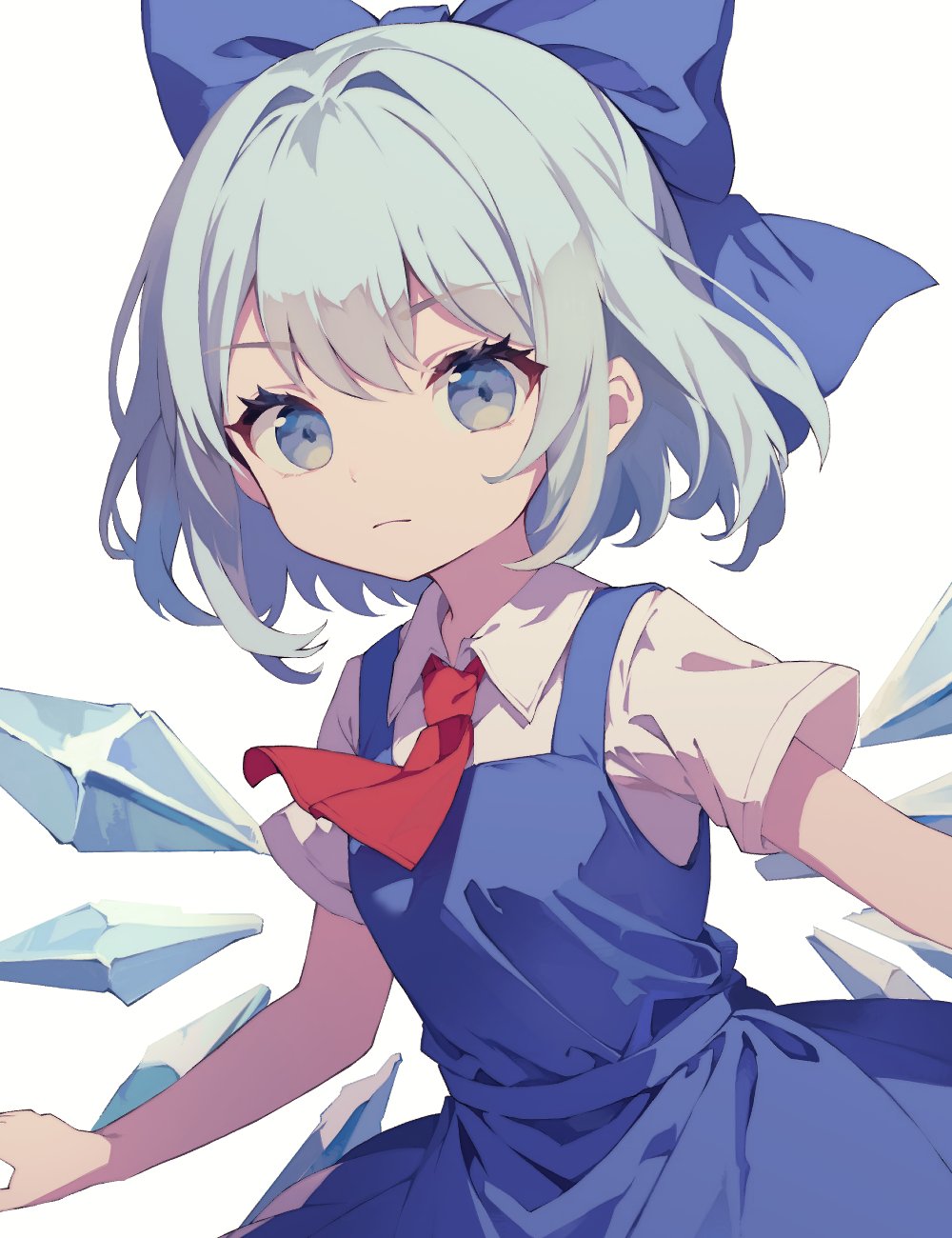 1girl ascot blue_bow blue_eyes blue_hair blue_sky blue_vest bow cirno closed_mouth collared_shirt commentary_request highres ice ice_wings joou_heika_(precare_deum) red_ascot shirt short_sleeves sky solo touhou upper_body vest white_shirt wings