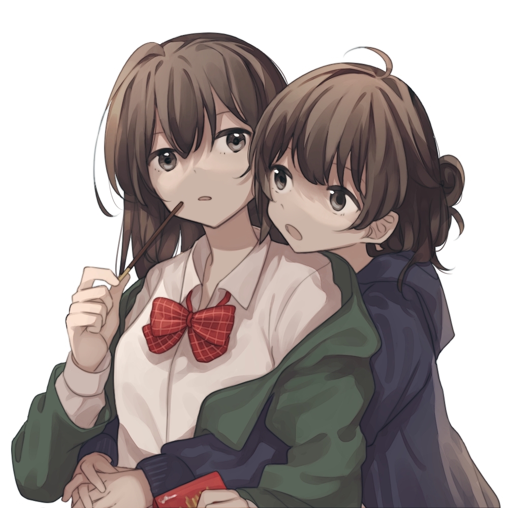 2girls :o ahoge black_hoodie bow bowtie brown_eyes brown_hair collared_shirt commentary_request food green_jacket hair_between_eyes hair_bun holding holding_food hood hood_down hoodie hug hug_from_behind inuko_(ink0425) jacket long_hair long_sleeves looking_at_another looking_at_viewer medium_hair multiple_girls off_shoulder open_clothes open_mouth original parted_lips plaid plaid_bow pocky red_bow red_bowtie school_uniform shirt simple_background upper_body white_background white_shirt yuri
