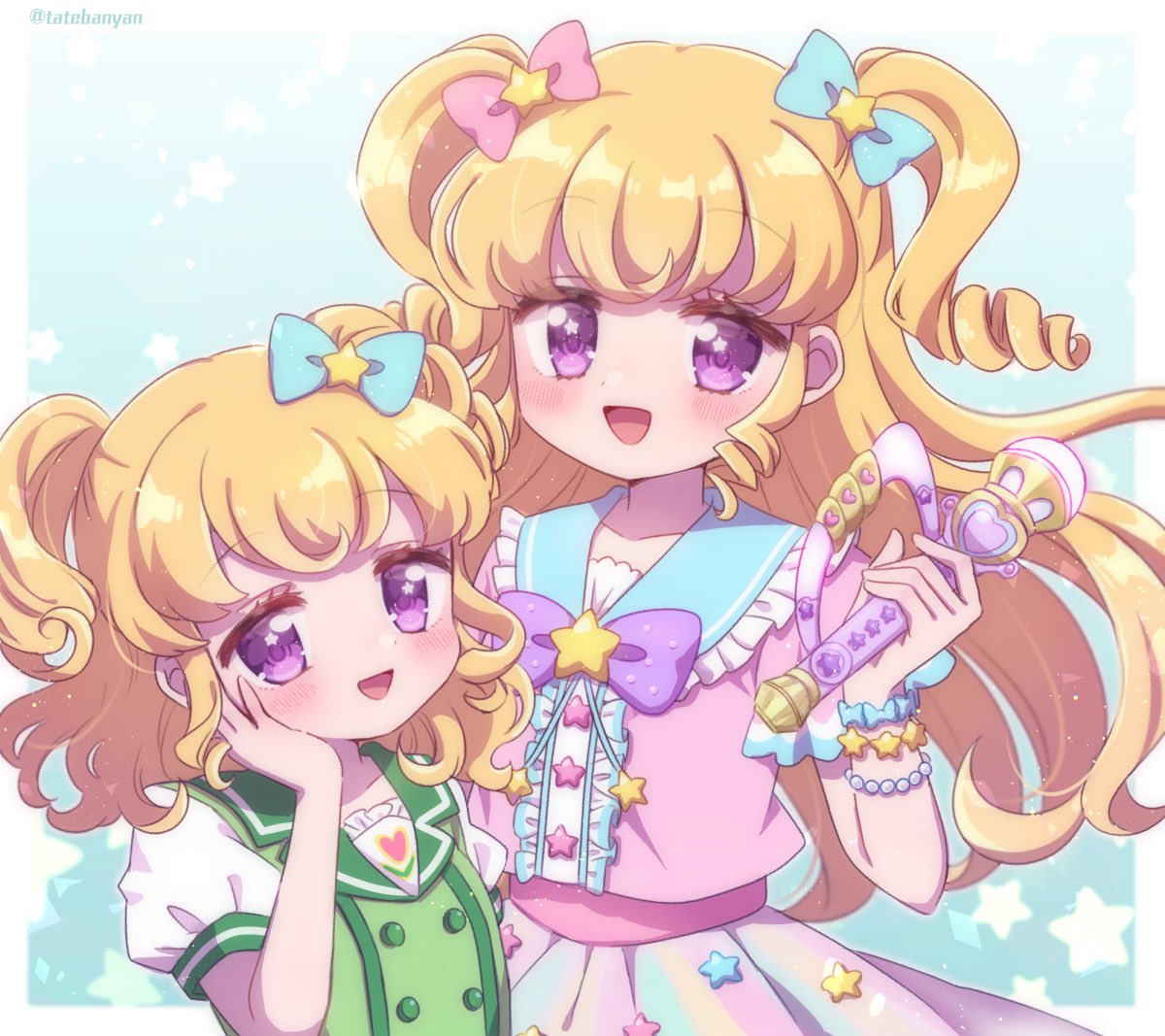 2girls :d avocado_academy_school_uniform blonde_hair blue_background blue_bow blue_sailor_collar bow bracelet center_frills commentary_request dual_persona frills green_shirt hair_bow hair_ornament hand_on_own_cheek hand_on_own_face holding holding_microphone idol_clothes idol_time_pripara jewelry long_hair looking_at_viewer microphone multiple_girls open_mouth pink_bow pink_shirt pretty_series pripara puffy_short_sleeves puffy_sleeves purple_bow ringlets sailor_collar school_uniform shirt short_hair short_sleeves smile star_(symbol) star_hair_ornament tabana two_side_up upper_body violet_eyes yumekawa_yui