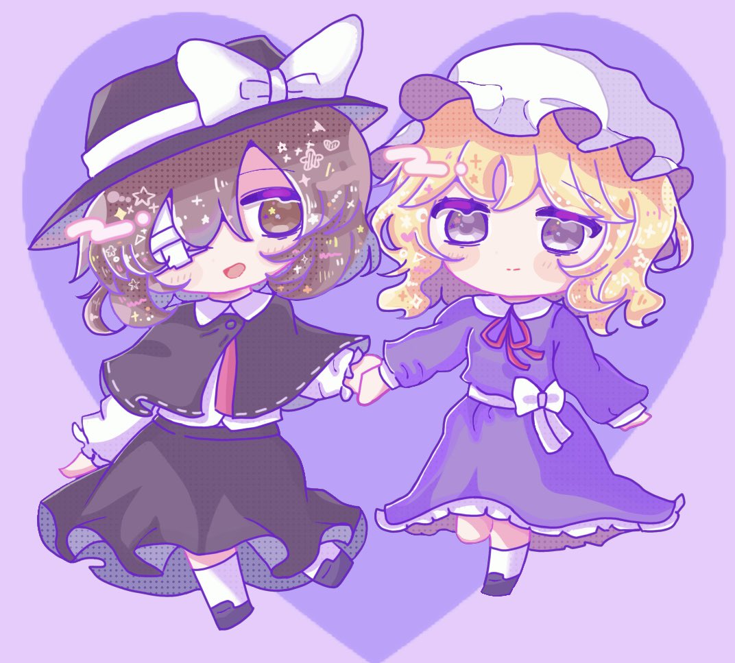 2girls black_capelet black_footwear black_hat black_skirt blonde_hair brown_eyes brown_hair capelet chibi closed_mouth collared_dress collared_shirt commentary dress frilled_dress frilled_sleeves frills hair_over_one_eye happy heart holding_hands long_sleeves maribel_hearn multiple_girls necktie open_mouth puffy_sleeves purple_dress red_necktie ribbon-trimmed_capelet ribbon_trim sash shirt skirt sleepwalk_zzz smile socks symbol-only_commentary touhou usami_renko violet_eyes white_hat white_sash white_shirt white_socks