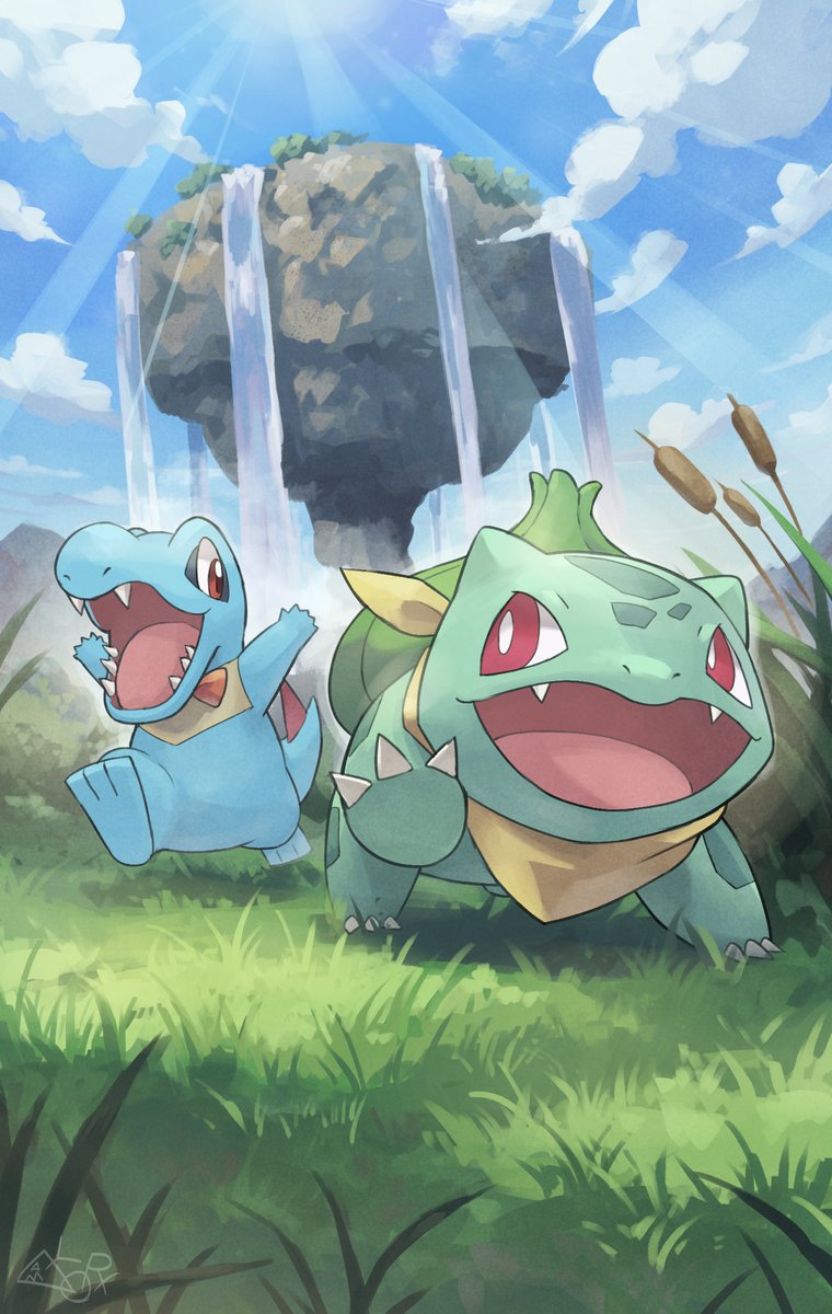 animal_focus blue_skin blue_sky bow bowtie bulbasaur claws clouds colored_skin commentary_request crocodilian floating_island green_skin hakkentai_pokedan highres neckerchief no_humans on_grass open_mouth orange_bow orange_bowtie pokemon pokemon_(creature) pokemon_mystery_dungeon pokemon_mystery_dungeon:_explorers_of_time/darkness/sky red_eyes sharp_teeth sky sunlight tail teeth totodile water waterfall wheat yellow_neckerchief