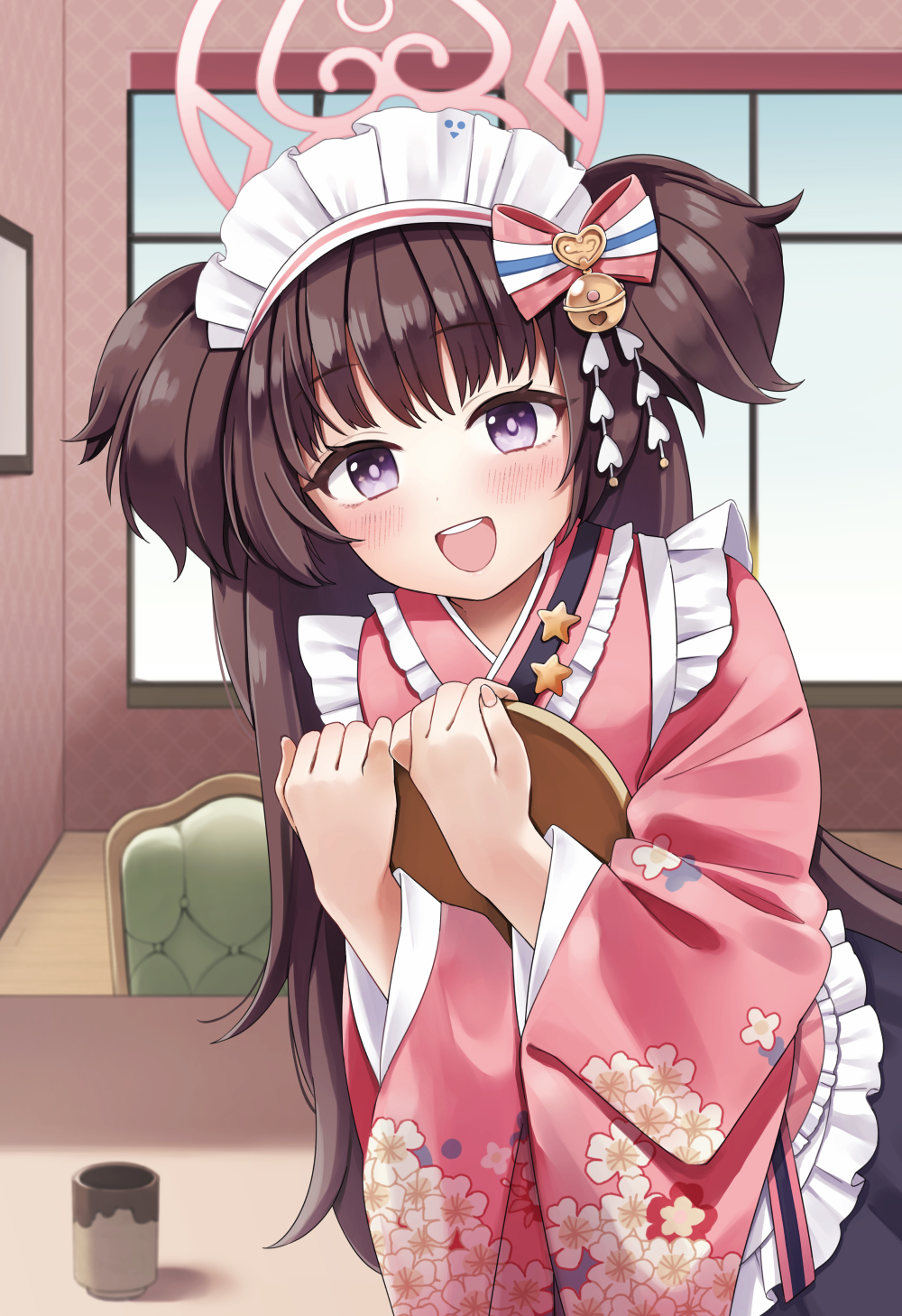 1girl apron blue_archive blush bow brown_hair chair cup floral_print frilled_apron frills halo highres holding holding_tray indoors japanese_clothes kimono long_hair long_sleeves looking_at_viewer maid_headdress open_mouth pink_kimono saburou_03 shizuko_(blue_archive) solo teeth tray two_side_up upper_teeth_only very_long_hair violet_eyes white_apron wide_sleeves window yunomi