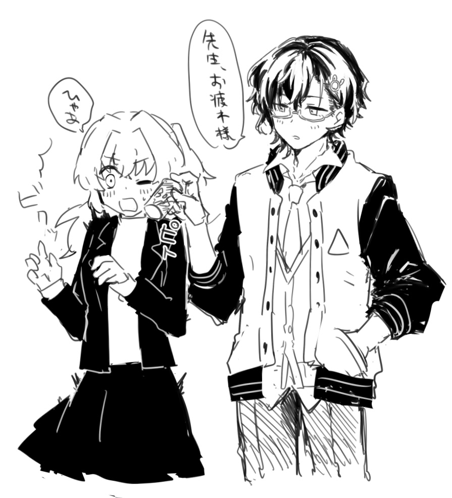 1boy 1girl ^^^ blue_archive can chihiro_(blue_archive) collared_shirt female_sensei_(blue_archive) genderswap genderswap_(ftm) glasses greyscale hair_intakes hair_ornament hand_in_pocket holding holding_can jacket long_sleeves monochrome necktie one_eye_closed open_clothes open_jacket panties sensei_(blue_archive) senta_(ysk_0218) shirt short_hair skirt speech_bubble sweatdrop underwear white_background