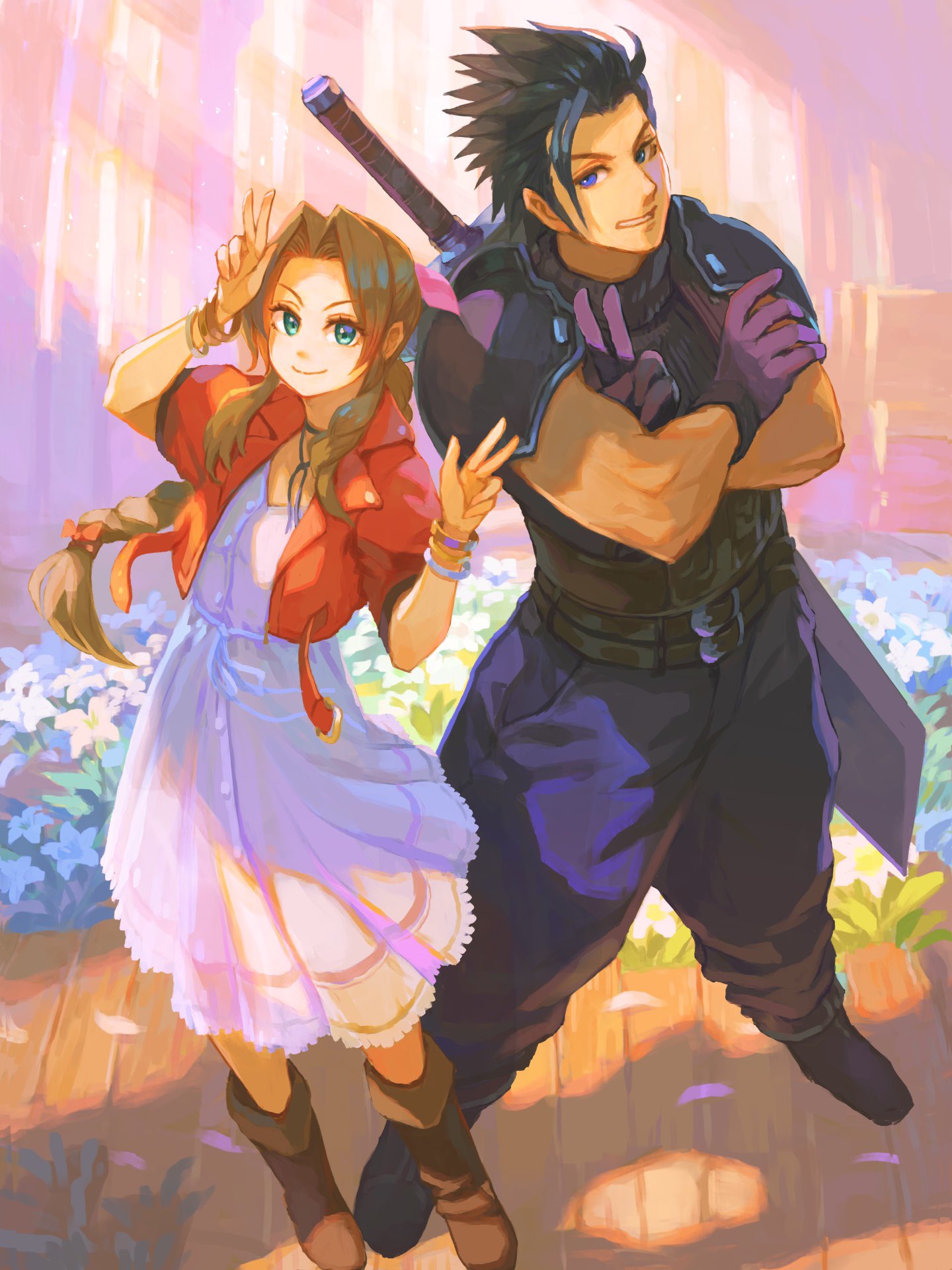 1boy 1girl aerith_gainsborough armor baggy_pants bangle black_gloves black_hair blue_eyes boots bracelet braid braided_ponytail brown_footwear brown_hair buster_sword church closed_mouth commentary_request crossed_arms dress final_fantasy final_fantasy_vii final_fantasy_vii_rebirth final_fantasy_vii_remake flower full_body gloves green_eyes hands_up heart_ribbon highres indoors jacket jewelry long_hair looking_at_viewer naritate_zombie open_clothes open_jacket pants parted_lips pink_dress pink_ribbon red_jacket ribbon shoulder_armor sleeveless sleeveless_turtleneck smile spiky_hair standing sweater sword sword_on_back turtleneck turtleneck_sweater v weapon weapon_on_back zack_fair