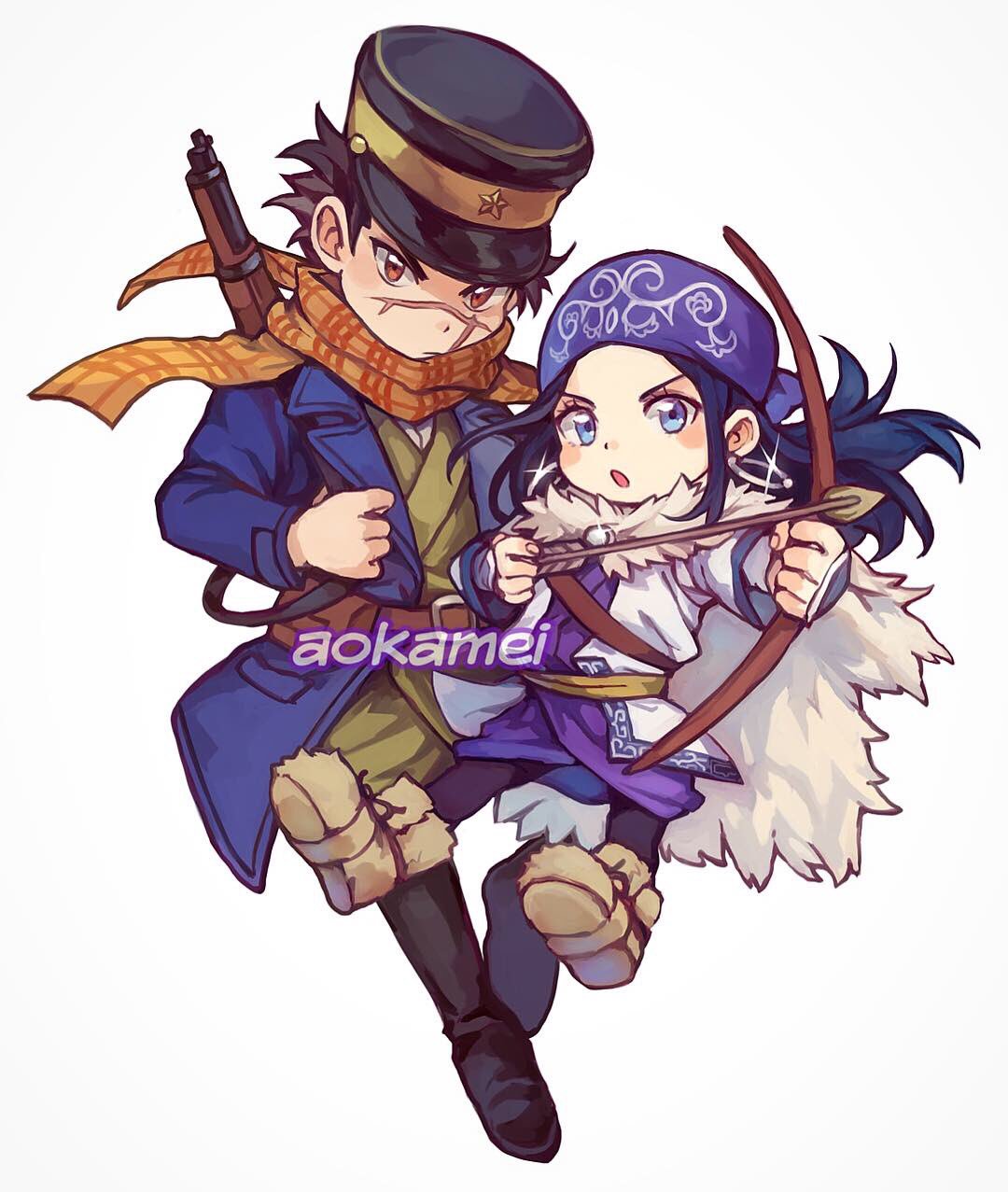 1boy 1girl aokamei arrow_(projectile) asirpa belt black_footwear black_hair black_headwear black_pantyhose blue_coat blue_eyes boots bow_(weapon) brown_eyes brown_scarf coat drawing_bow earrings full_body fur_boots glint golden_kamuy grey_footwear gun gun_on_back highres holding holding_bow_(weapon) holding_weapon hoop_earrings jewelry military pantyhose plaid plaid_scarf scar scar_on_face scarf simple_background sugimoto_saichi weapon weapon_on_back white_background