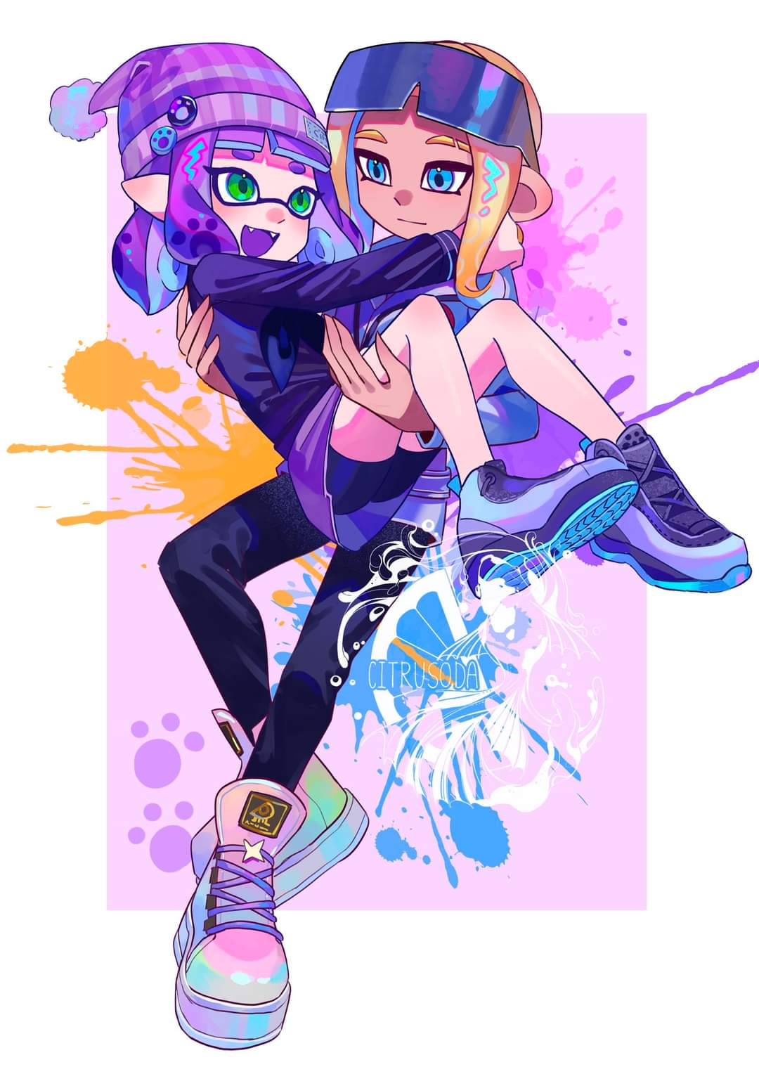 1boy 1girl :d artist_name beanie black_pants blue_eyes border carrying carrying_person chinese_commentary citrusplatsoda closed_mouth commentary_request cross-laced_footwear eyebrow_cut eyewear_on_head fangs full_body green_eyes hat highres inkling inkling_girl inkling_player_character long_hair medium_hair octoling octoling_boy octoling_player_character open_mouth orange_hair outside_border pants purple_background purple_hair purple_hat shoes smile splatoon_(series) splatoon_3 sunglasses tentacle_hair white_border
