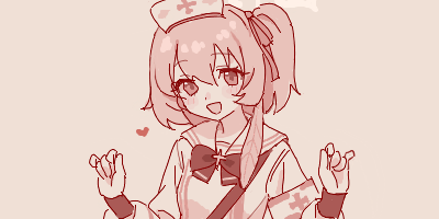 1girl armband blue_archive blush bow bowtie feather_hair hair_over_shoulder hands_up hat heart long_hair long_sleeves looking_at_viewer lowres maibotsumou monochrome nurse_cap oekaki one_side_up open_mouth puffy_long_sleeves puffy_sleeves red_theme school_uniform serafuku serina_(blue_archive) shoulder_strap sleeve_cuffs smile solo upper_body w_arms