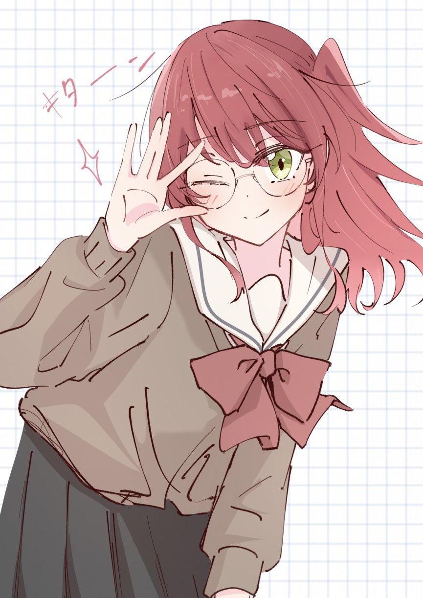 &gt;_o 1girl adjusting_eyewear black_skirt blush bocchi_the_rock! bow bowtie cardigan commentary dot_nose glasses graph_paper green_eyes hand_on_eyewear highres kita_ikuyo leaning_forward long_hair long_sleeves looking_at_viewer nnnr_se one_eye_closed one_side_up red_bow red_bowtie redhead round_eyewear sailor_collar school_uniform shuka_high_school_uniform simple_background skirt sleeve_cuffs smile solo sparkle translated