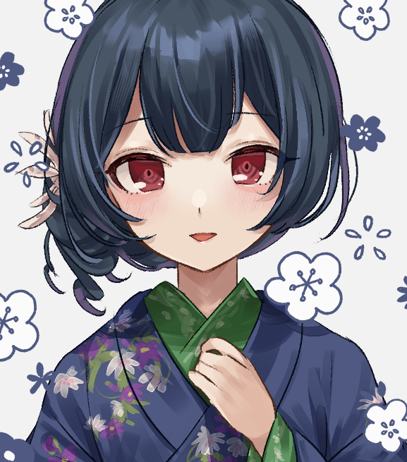 1girl amazakura black_hair blush flower hair_flower hair_ornament hand_on_own_chest idolmaster idolmaster_shiny_colors japanese_clothes kimono long_sleeves looking_at_viewer morino_rinze open_mouth portrait red_eyes side_ponytail smile solo