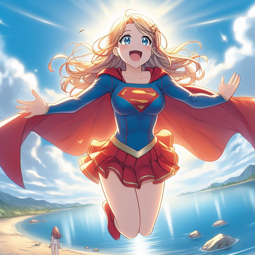 ai-generated beach blonde_hair blue_eyes cape clouds dc_comics earrings jewelry mountainous_horizon red_cape red_footwear red_skirt skirt smile sun sunlight supergirl
