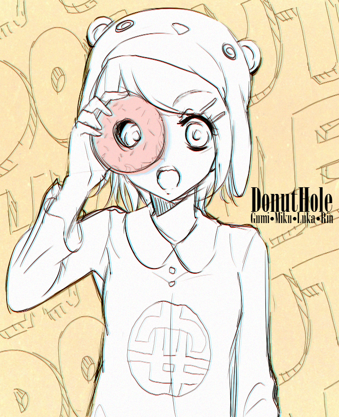 1girl animal_hat bad_id bad_tumblr_id bear_hat bonyonyo character_name chromatic_aberration commentary donut_hole_(vocaloid) doodles doughnut english_commentary food hair_ornament hairclip hat holding holding_doughnut holding_food kagamine_rin looking_at_viewer looking_through_doughnut monochrome open_mouth orange_background print_shirt shirt short_hair solo song_name upper_body vocaloid