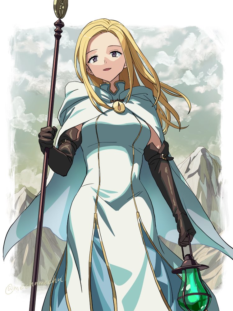 1girl blonde_hair brown_gloves cape clouds commentary_request dress elbow_gloves gloves grey_eyes holding holding_lantern holding_staff lantern long_hair looking_at_viewer mechnmechn mountain octopath_traveler octopath_traveler_i open_mouth ophilia_clement outdoors smile solo staff standing white_cape white_dress
