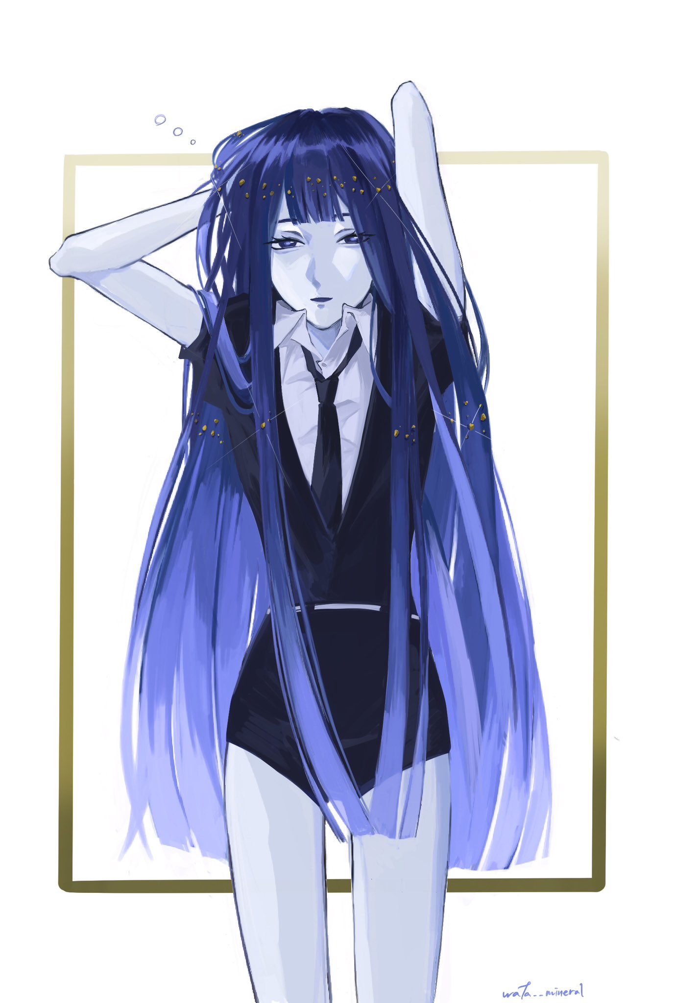 1other arms_up artist_name black_necktie black_shorts black_suit blue_hair blunt_bangs commentary expressionless gem_uniform_(houseki_no_kuni) gradient_hair hand_in_own_hair highres houseki_no_kuni lapis_lazuli_(houseki_no_kuni) looking_at_viewer multicolored_hair necktie other_focus shirt shorts standing suit wata_mineral white_shirt