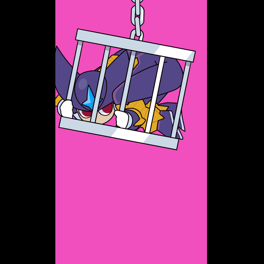 1boy bass.exe_(mega_man) chibi fins forehead_jewel head_fins in_cage parody pink_background rabbit_hole_(vocaloid) red_eyes solo wd_sakuya