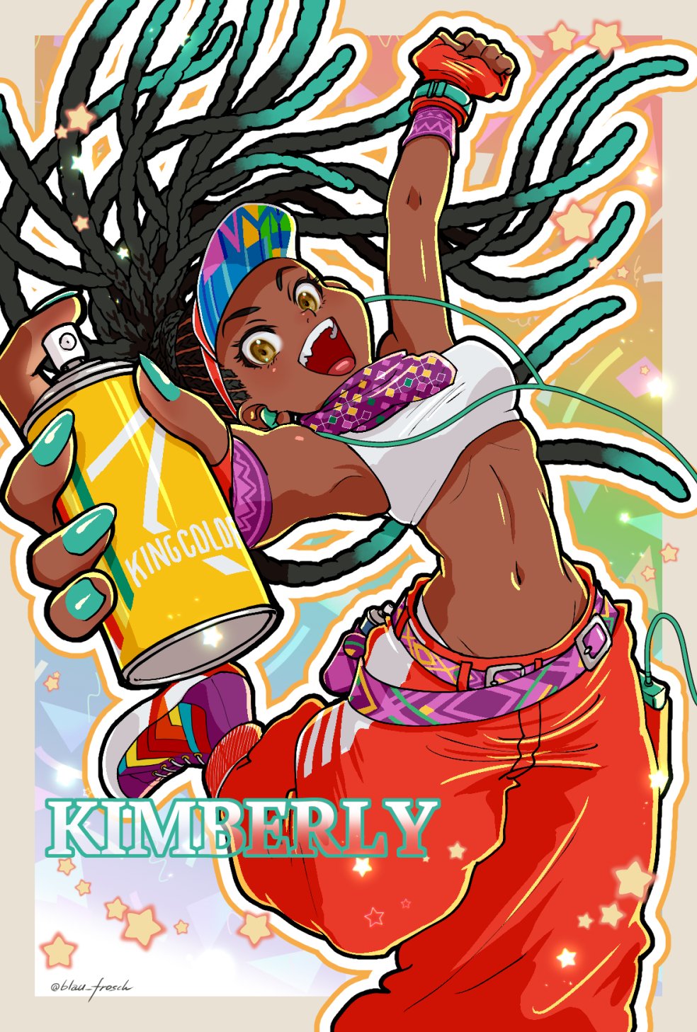 1girl angie_(kani-ga-tobuna) baggy_pants black_hair breasts brown_eyes cable colored_tips commentary_request cornrows crop_top dark-skinned_female dark_skin dreadlocks earphones earphones fingerless_gloves fingernails full_body gloves green_hair green_nails happy highres holding jumping kimberly_jackson long_hair midriff multicolored_hair nail_polish navel official_alternate_costume official_alternate_hairstyle open_mouth pants quad_braids red_gloves red_pants shoes small_breasts smartwatch sneakers solo spray_can street_fighter street_fighter_6 teeth twitter_username two-tone_hair upper_teeth_only very_dark_skin very_long_hair visor_cap walkman watch watch