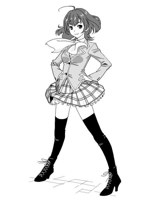 1girl ahoge bad_drawr_id bad_id blazer boots character_request copyright_request cross-laced_footwear francine_(daijaemon) full_body greyscale hands_on_own_hips high_heels jacket long_sleeves looking_at_viewer monochrome oekaki plaid plaid_skirt pleated_skirt school_uniform short_hair simple_background skirt smile solo standing tachi-e thigh-highs white_background zettai_ryouiki