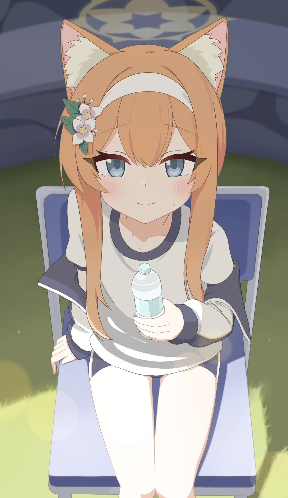 1girl animal_ear_fluff animal_ears blue_archive blue_eyes blush bottle cat_ears chair closed_mouth commentary_request feet_out_of_frame flower gym_shirt gym_uniform hair_between_eyes hair_flower hair_ornament headband highres holding holding_bottle jacket long_hair long_sleeves looking_at_viewer mari_(blue_archive) mari_(track)_(blue_archive) official_alternate_costume open_clothes open_jacket orange_hair shirt short_sleeves sitting smile solo tonkotsu_frappuccino track_jacket water_bottle white_flower white_headband white_shirt