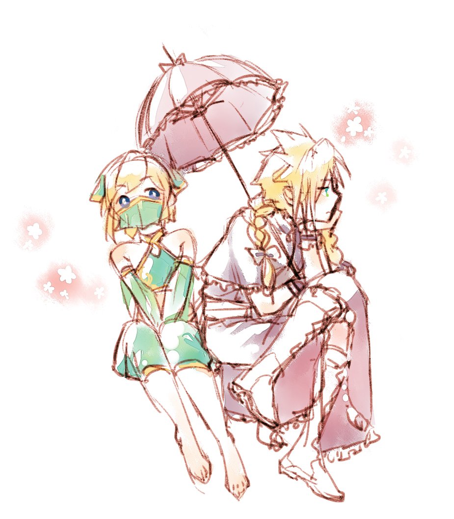 2boys arabian_clothes bare_shoulders barefoot blonde_hair blue_eyes boots braid bright_pupils cloud_strife commentary crossdressing crossed_legs crossover detached_sleeves dress elbow_rest fermium.ice final_fantasy final_fantasy_vii flower frilled_dress frills full_body hand_on_own_chin hands_on_lap holding holding_umbrella invisible_chair knee_boots leaning_forward leaning_to_the_side link long_hair looking_to_the_side male_focus mouth_veil multiple_boys official_alternate_costume parasol puffy_pants purple_dress short_hair sitting sketch spiky_hair super_smash_bros. symbol-only_commentary the_legend_of_zelda the_legend_of_zelda:_breath_of_the_wild twin_braids umbrella veil white_background white_footwear wrist_cuffs