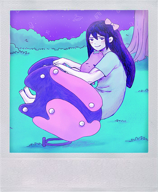 1girl aqua_dress aubrey_(headspace)_(omori) aubrey_(omori) barefoot blush bow bright_pupils colored_skin commentary dress english_commentary full_body grass hair_between_eyes hair_bow long_hair looking_at_viewer omocat_(style) omori outdoors parody pink_bow purple_hair purple_sky sapgoon short_sleeves sitting sky smile solo stuffed_eggplant stuffed_toy style_parody tree violet_eyes white_pupils white_skin