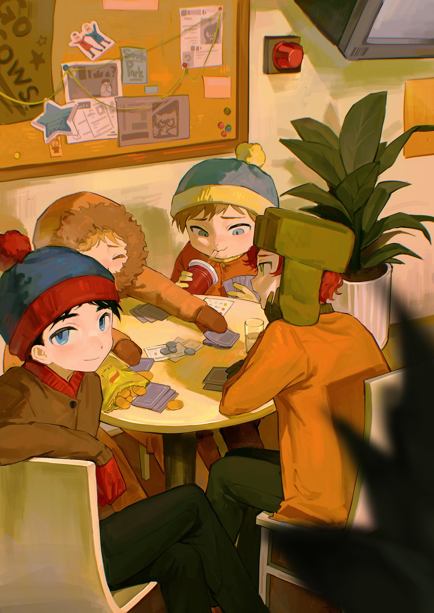 4boys beanie black_hair bulletin_board card chair chips_(food) chun_baii crossed_legs cup drinking_straw drinking_straw_in_mouth eric_cartman food gloves hat highres holding holding_cup hood hood_up hooded_jacket indoors jacket kenny_mccormick kyle_broflovski long_sleeves looking_at_viewer male_focus mittens multiple_boys pants plant playing_card playing_games pom_pom_(clothes) potato_chips potted_plant redhead sitting south_park stan_marsh table television
