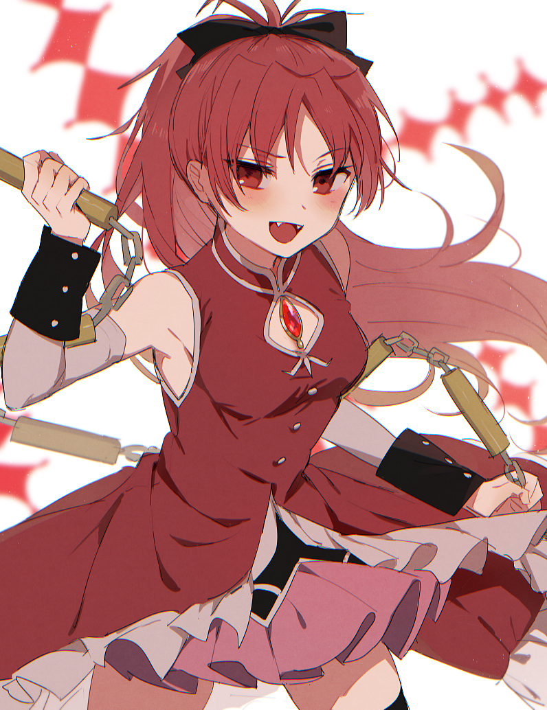 1girl :d bare_shoulders bow boyano chain cleavage_cutout clothing_cutout collared_dress cowboy_shot dress fangs floating_hair hair_bow hand_up holding holding_weapon long_hair looking_at_viewer mahou_shoujo_madoka_magica mahou_shoujo_madoka_magica_(anime) open_mouth pink_skirt ponytail red_dress red_eyes redhead sakura_kyoko simple_background skirt sleeveless sleeveless_dress smile solo standing weapon white_background wrist_cuffs