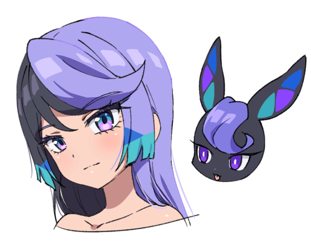 1girl bare_shoulders black_hair blue_hair carron_(waccha_primagi!) carron_(waccha_primagi!)_(rabbit) closed_mouth commentary_request dolldolldd dual_persona long_hair looking_at_viewer multicolored_hair pretty_series purple_hair rabbit simple_background smile upper_body violet_eyes waccha_primagi! white_background