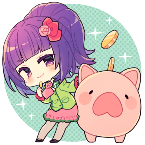 1girl avocado_academy_school_uniform bad_id bad_pixiv_id blunt_bangs chibi closed_mouth coin flower full_body green_jacket hair_flower hair_ornament hanazono_shuka holding holding_coin idol_time_pripara jacket long_hair long_sleeves looking_at_viewer lowres n_(m_ohkamotoh) piggy_bank pink_flower pink_rose pink_skirt ponytail pretty_series pripara purple_hair rose school_uniform skirt smile solo standing violet_eyes