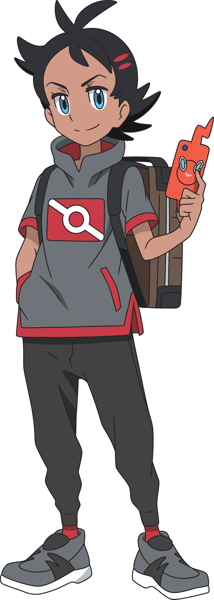 1boy absurdres backpack bag black_hair black_pants blue_eyes brown_bag closed_mouth eyelashes flipped_hair full_body goh_(pokemon) grey_footwear grey_shirt hand_in_pocket happy high_collar highres holding holding_phone male_focus official_art pants phone pokemon pokemon_(anime) pokemon_journeys red_socks rotom rotom_phone shirt shoes short_sleeves smile socks solo split_mouth standing transparent_background