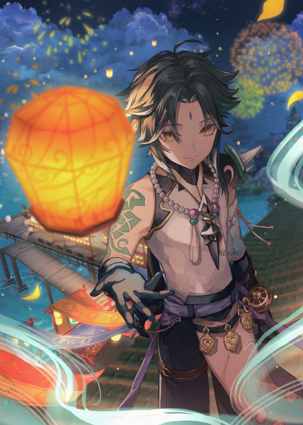1boy arm_tattoo bead_necklace beads black_hair blue_hair blurry blurry_background building closed_mouth clouds dock facial_mark fireworks forehead_mark genshin_impact gloves highres jewelry lantern leaf looking_at_viewer male_focus multicolored_hair necklace night night_sky obakeno_m orange_eyes outdoors sky solo tattoo water xiao_(genshin_impact)