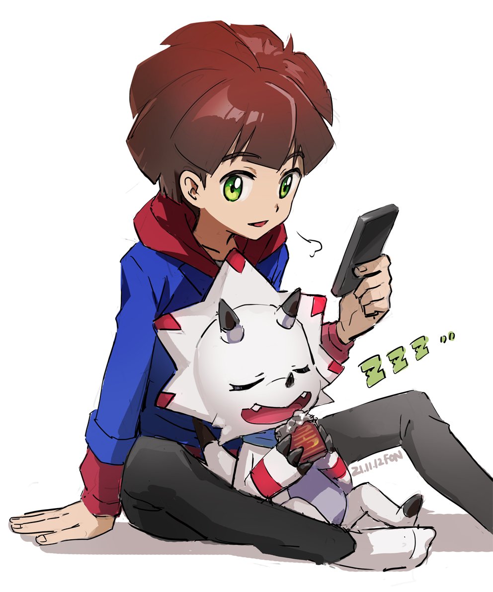 1boy amanokawa_hiro black_pants blue_jacket brown_hair cellphone digimon digimon_(creature) digimon_ghost_game fon-due_(fonfon) gammamon green_eyes holding holding_phone hood hooded_sweater jacket looking_at_viewer male_focus open_mouth pants phone red_sweater short_hair sitting smartphone sweater white_background zzz