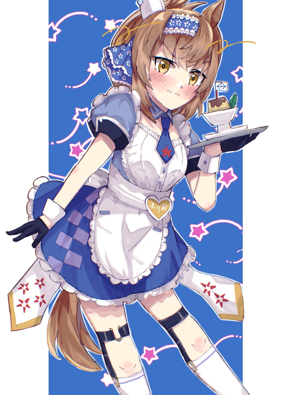 1girl alternate_costume animal_ears apron blue_background blush breasts brown_eyes brown_hair character_request closed_mouth commentary_request enmaided food gloves hair_between_eyes hair_ornament headband highres holding holding_tray horse_ears horse_girl horse_tail looking_at_viewer maid necktie okapun pudding simple_background small_breasts tail thigh-highs tray umamusume